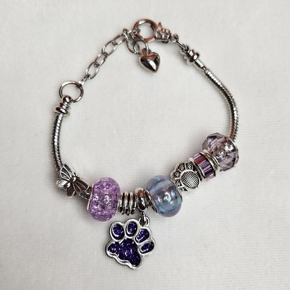 Purple Silver Beaded Silver Tone Animal Paw Glitter Charm Bracelet Clasp Closure